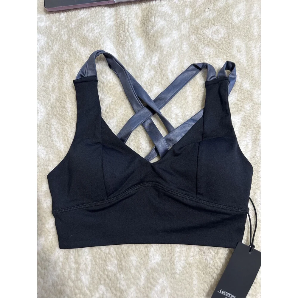 Lanston Sport Bra Cropped XS Top Padded Black And Grey Crisscross Back NWT - Picture 1 of 7